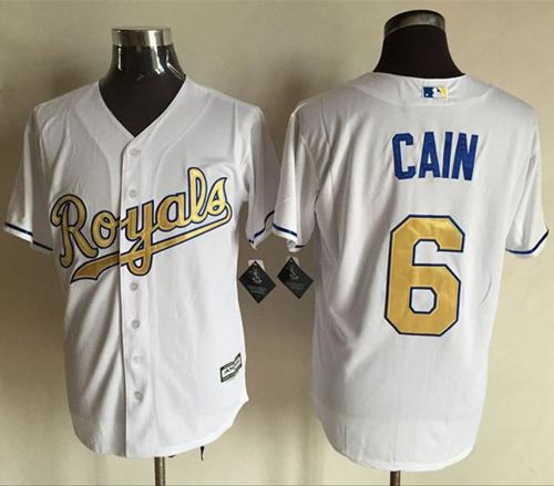 Royals #6 Lorenzo Cain White New Cool Base 2015 World Series Champions Gold Program Stitched MLB Jersey - Click Image to Close